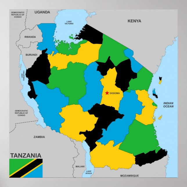 Póster Bandera del mapa político del país de Tanzania (Frente)