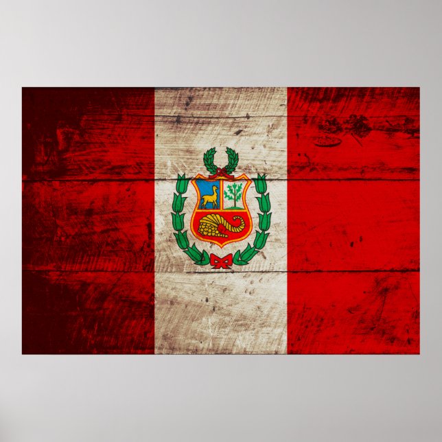 Póster Bandera del Perú en grano de vieja madera (Frente)