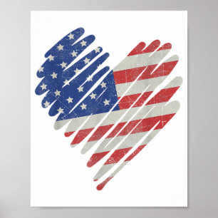 Póster Bandera estadounidense Corazón azul blanco rojo 4 