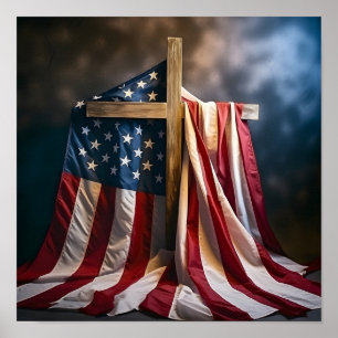 Póster Bandera estadounidense cubierta de cruz cristiana