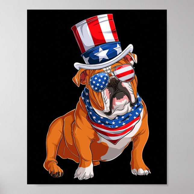 Póster Bandera Estadounidense De Perro bulldog 4 De Julio (Frente)