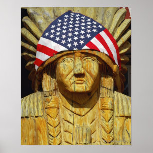 Póster Bandera estadounidense en el tallado de nativos es