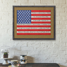 Póster Bandera estadounidense Quilt Bible Verse Burlap