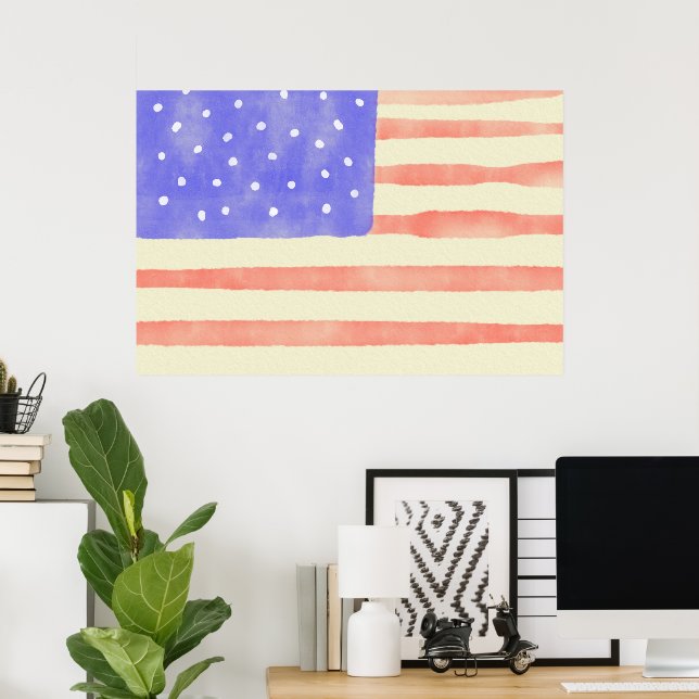 Póster Bandera estadounidense rústica acuarela (Oficina en casa)