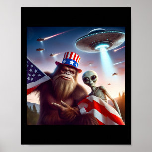 Póster Bandera Estadounidense Sasquatch Con Alien Ufo Big