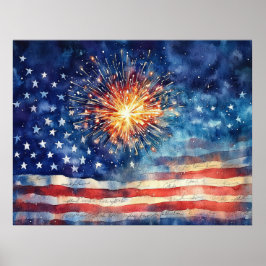 Póster Bandera estadounidense y fuegos artificiales.
