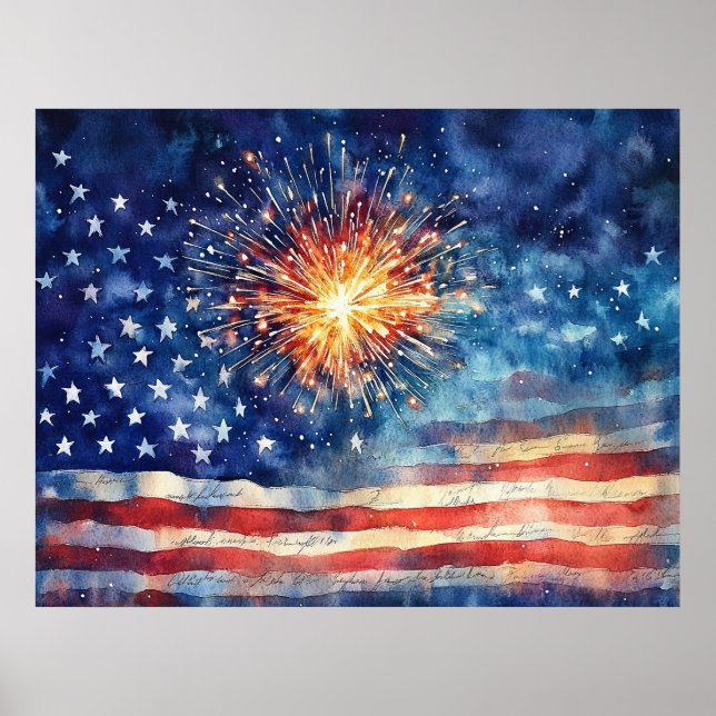 Póster Bandera estadounidense y fuegos artificiales.  (Frente)