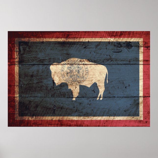 Póster Bandera estatal Wyoming en grano de madera vieja (Frente)
