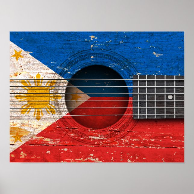Póster Bandera filipina en una vieja guitarra acústica (Frente)
