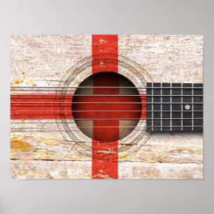 Póster Bandera inglesa en la vieja guitarra acústica