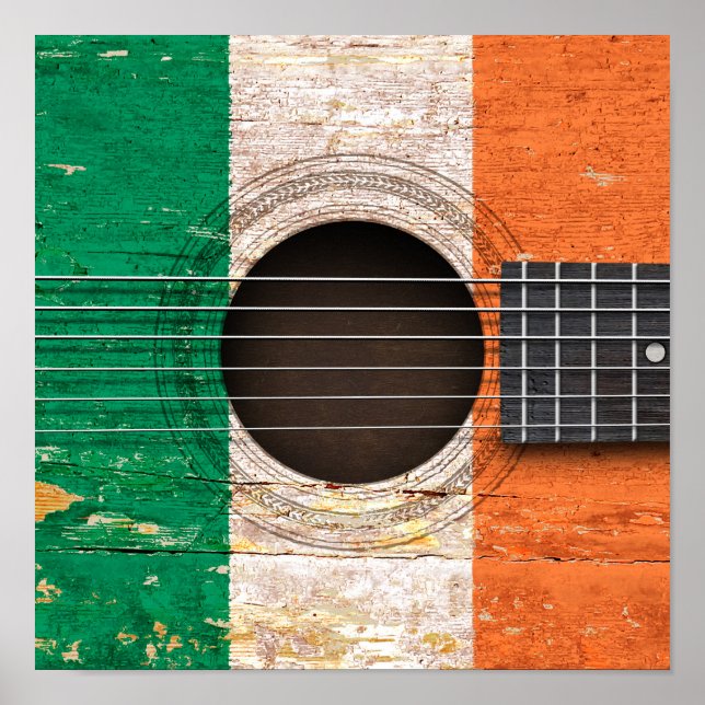 Póster Bandera irlandesa sobre la vieja guitarra acústica (Frente)