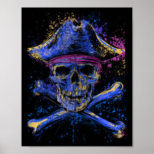 Póster Bandera Jolly Roger de cráneo huesos cruzados esqu
