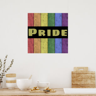Póster Bandera LGBT vintage con texto Orgullo en negro de
