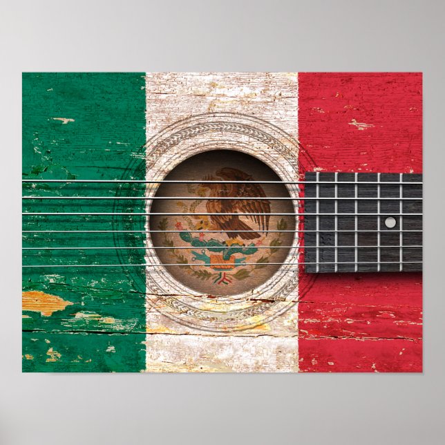 Póster Bandera mexicana en la vieja guitarra acústica (Frente)