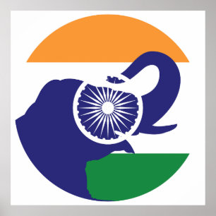 Póster Bandera nacional de elefantes de la India en Asia