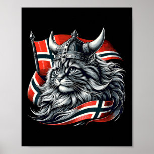 Póster Bandera noruega de gato que vigila la bandera de N