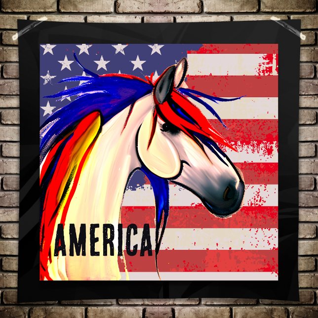Póster Bandera Patriótica Americana Caballo Blanco y Azul (Patriotic American Flag Red White and Blue Horse Poster)