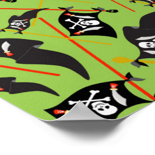 Póster Bandera pirata verde negro Calaveras Huesos blanco