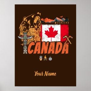 Póster Bandera vintage de Canadá y recuerdo de oso pardo