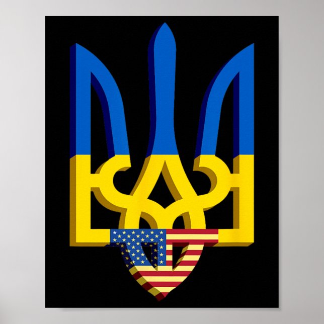 Póster Bandera y Escudo de Armas de Ucrania con Fla Ameri (Frente)