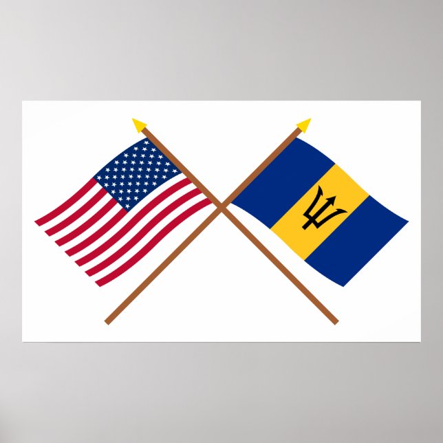 Póster Banderas cruzadas de Estados Unidos y Barbados (Frente)