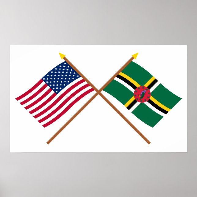 Póster Banderas cruzadas de Estados Unidos y Dominica (Frente)