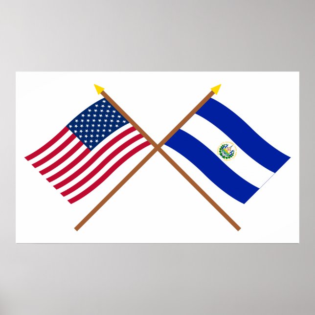 Póster Banderas cruzadas de Estados Unidos y El Salvador (Frente)