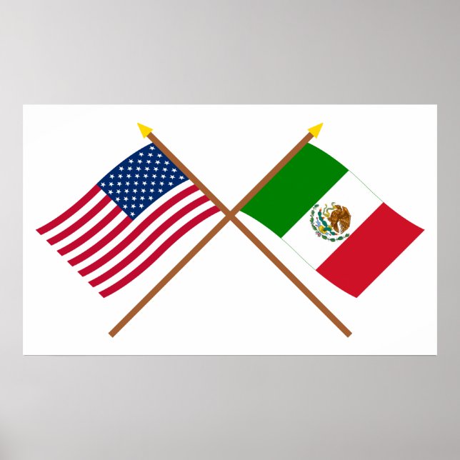 Póster Banderas cruzadas de Estados Unidos y México (Frente)