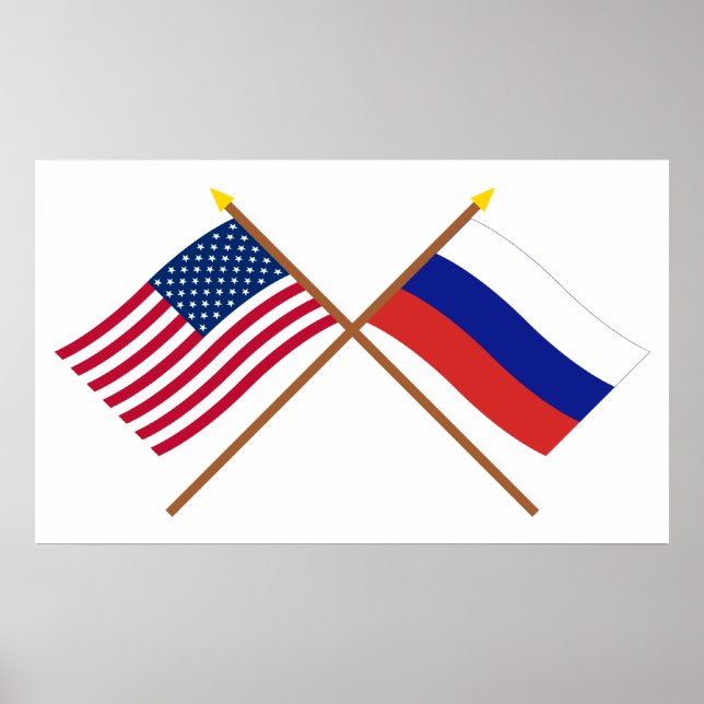 Póster Banderas cruzadas de Estados Unidos y Rusia (Frente)
