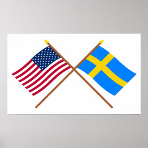 Póster Banderas cruzadas de Estados Unidos y Suecia