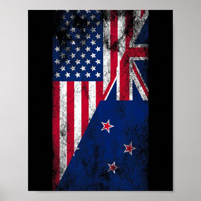 Póster Banderas de EE. UU. y Nueva Zelanda - Kiwi de EE.  (Frente)