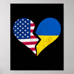 Póster Banderas de EE. UU. y Ucrania: símbolo de corazón 