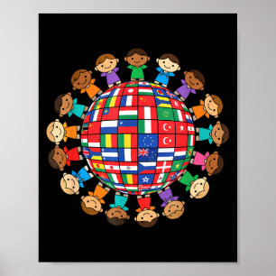 Póster Banderas del mundo globo niños unidad internaciona