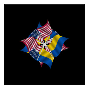 Póster Banderas estadounidenses y ucranianas