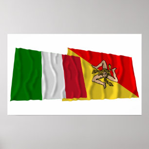 Póster Banderas que agitan de Italia y de Sicilia