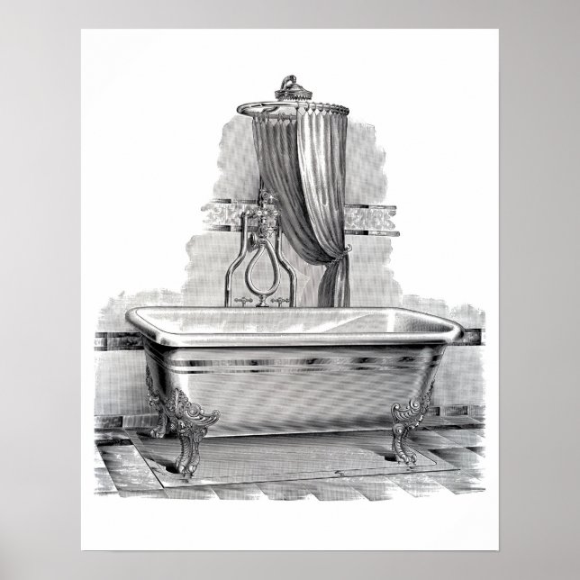 Póster Bañera antigua de pies de paja con ducha (Frente)