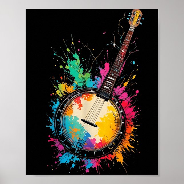 Póster Banjo bluegrass colorido salpicaduras de color mús (Frente)