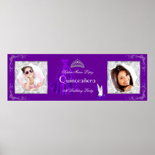 Póster Banner Añadir fotos Quinceanera Fiesta Púrpura Pla