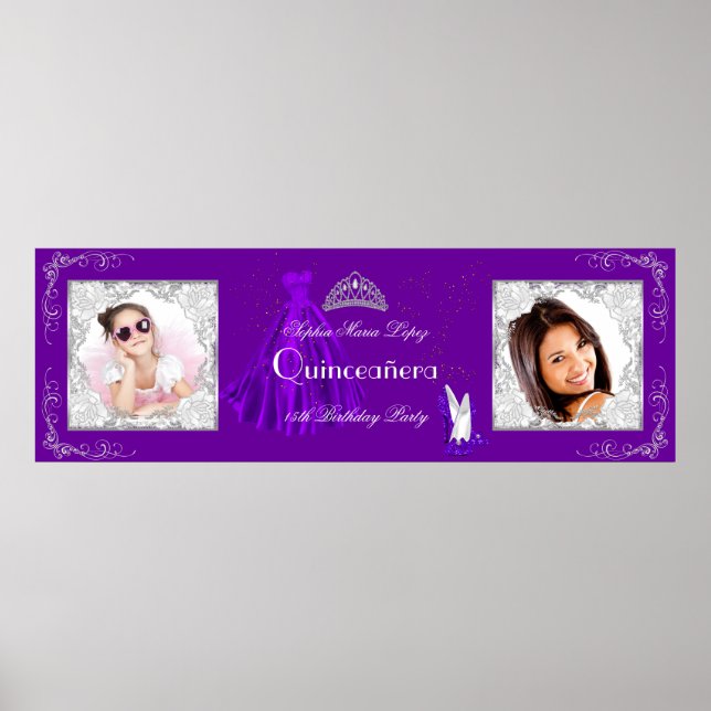 Póster Banner Añadir fotos Quinceanera Fiesta Púrpura Pla (Frente)