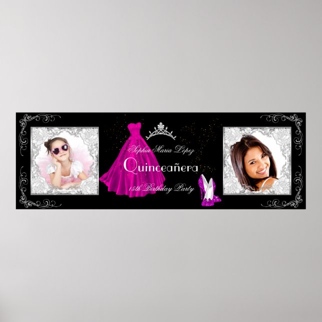 Póster Banner Añadir fotos Quinceanera Fiesta Rosa Negro (Frente)