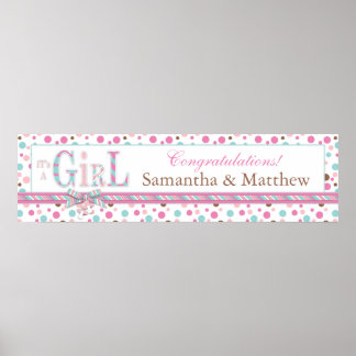 Póster Banner Baby Shower de puntos marrones rosas