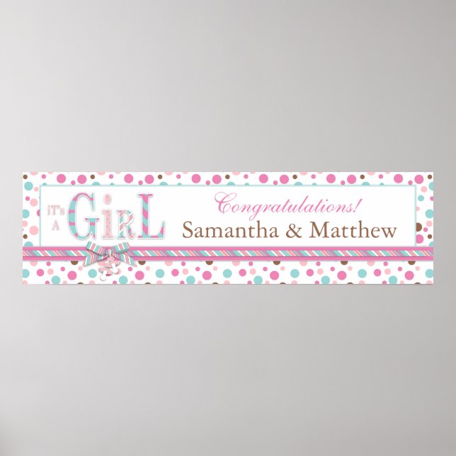 Póster Banner Baby Shower de puntos marrones rosas (Frente)