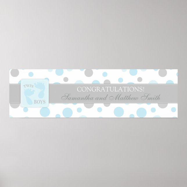 Póster Banner Baby Shower de puntos y pies azules (Frente)