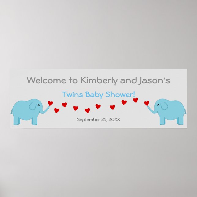 Póster Banner Baby Shower para Elephant Theme Twin Boys (Frente)