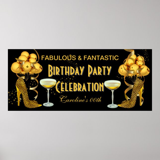 Póster Banner Birthday Party Celebration Leopard Gold (Frente)