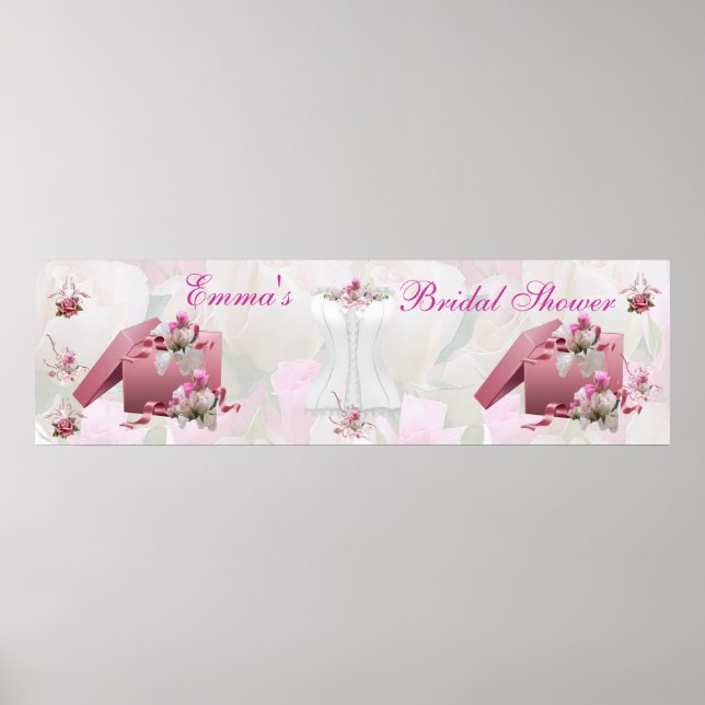 Póster Banner Bridal Shower White Pink Floral (Frente)