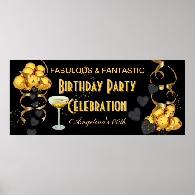 Póster Banner Cumpleaños Party Celebration Black Gold (Frente)