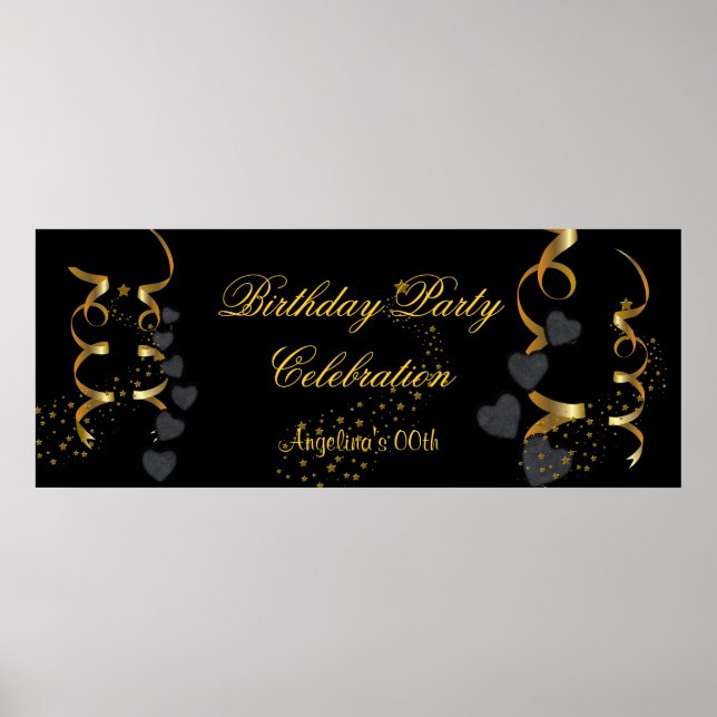 Póster Banner Cumpleaños Party Celebration Black Gold (Frente)