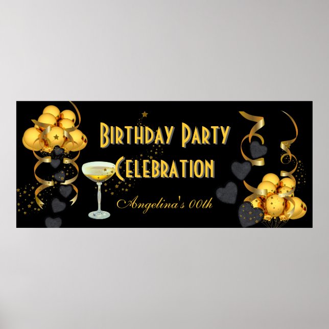 Póster Banner Cumpleaños Party Celebration Black Gold (Frente)