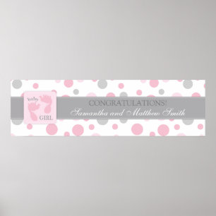Póster Banner de Baby Shower Chica de puntos y pies rosad